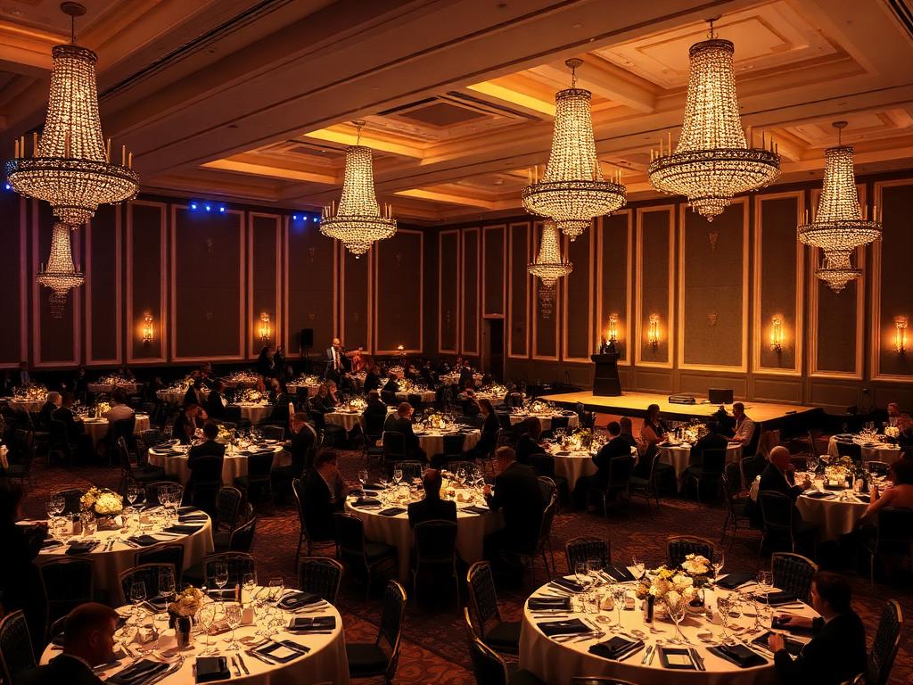 Black-tie gala fundraiser in grand ballroom