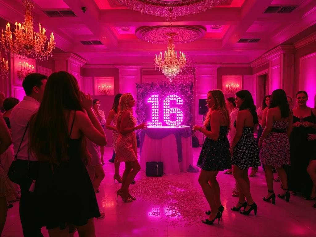 Glamorous Sweet 16 celebration with pink uplighting