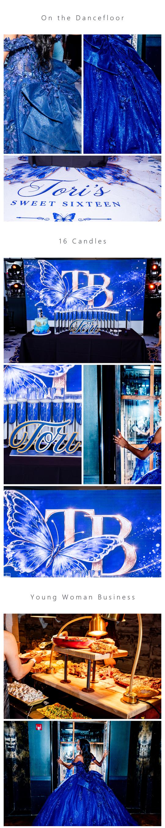 Tori's Sweet 16 gallery scrolling: her gown, the monogram floor, the candle wall, the cake and the doorway reveal